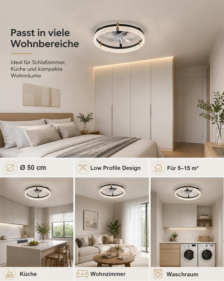 Airwit 50cm Deckenventilator mit Beleuchtung, Lampe mit Ventilator in Glasoptik, Deckenlampe mit Ven