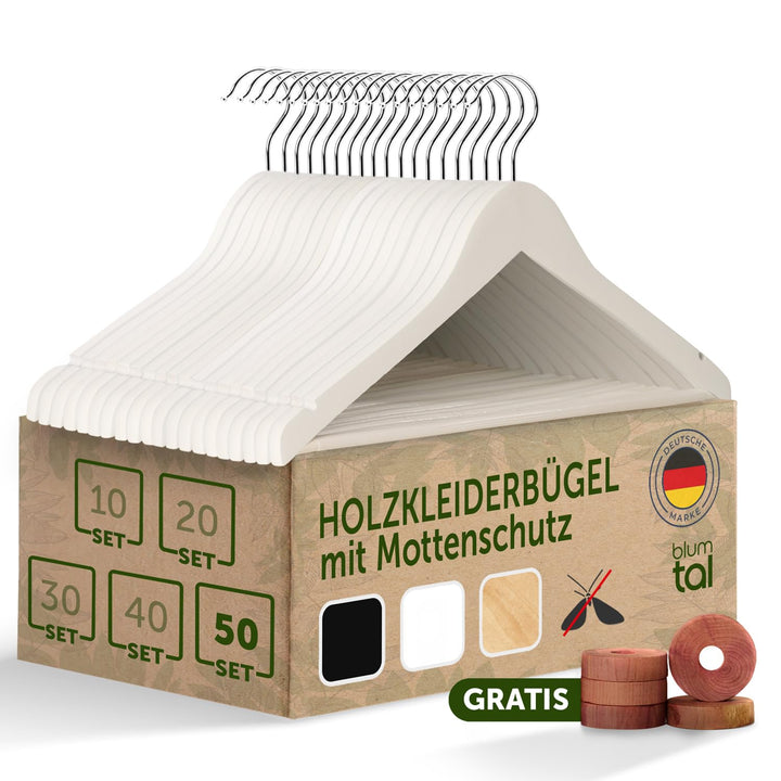 Blumtal Kleiderbügel Holz 50er Set - Holzbügel mit 360° drehbarem Metallhaken - Kleiderbügel Weiss +