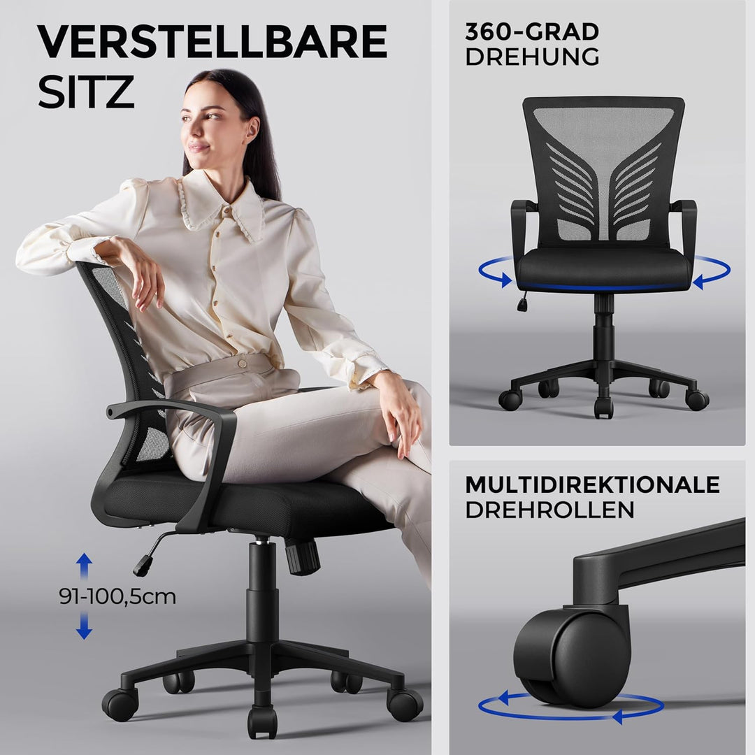 Yaheetech Bürostuhl Ergonomisch, Höhenverstellbarer Schreibtischstuhl mit Lendenwirbelstütze im Schm
