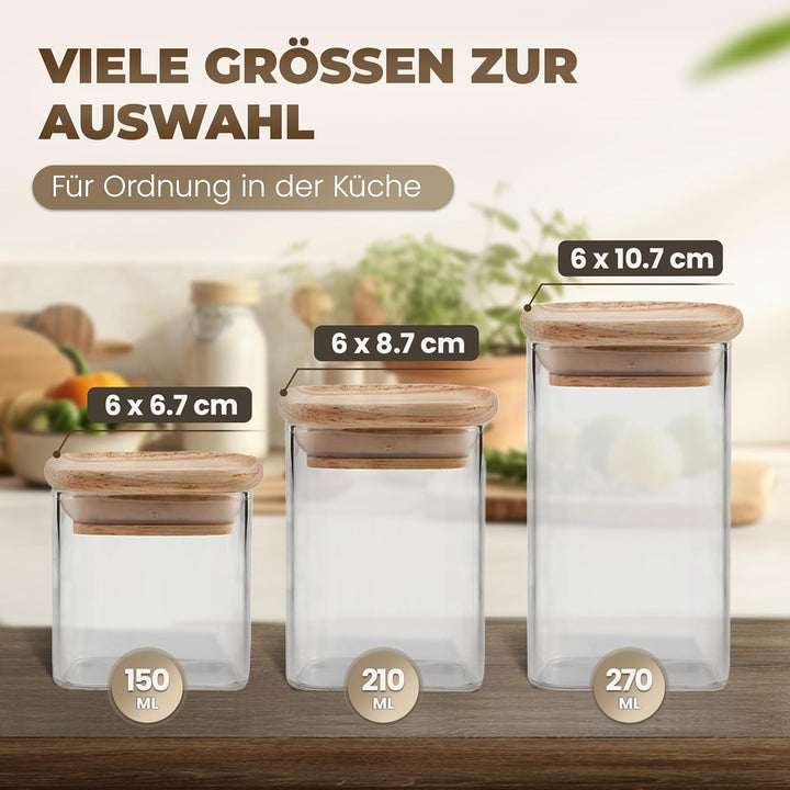 Celeko Home Gewürzgläser Set 150ml Stapelbar Eckig Holzdeckel (12 Stück) Gewürzbehälter Gewürzdosen