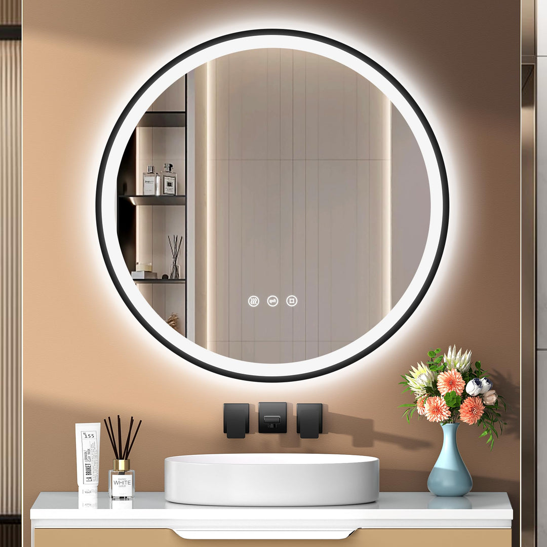 80cm Badezimmerspiegel mit Beleuchtung – Spiegel Schwarzer Rahmen, Antibeschlag, Dimmbar, 3 Lichtfar