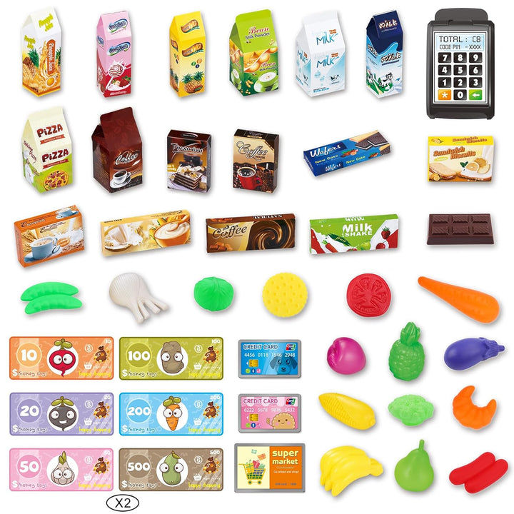deAO Kinder Einkaufswagen Spielset Gefüllt mit 65 Kuststofflebensmitteln Spielzeug für Jungen und Mä