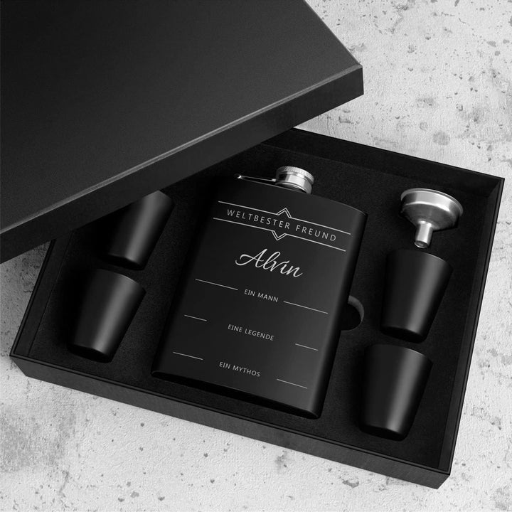 Maverton Flachmann Set 200 ml mit Gravur - Taschenflasche + 4 Schnapsgläsern 20 ml mit Trichter - We