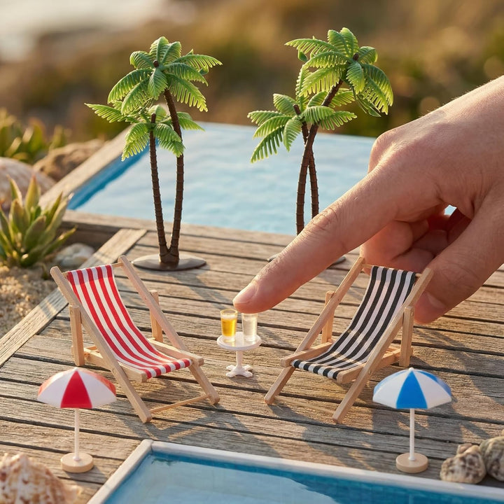 9 Stück Miniatur-Stranddeko Set: Palmen, Sonnenschirme, Liegestühle, Getränke Und Runder Tisch Für D
