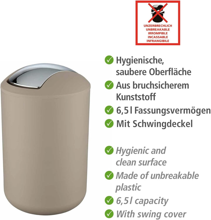 WENKO Kosmetikeimer Mod. Brasil L, 6,5 Liter Bad-Mülleimer mit Schwingdeckel, aus bruchsicherem Kuns