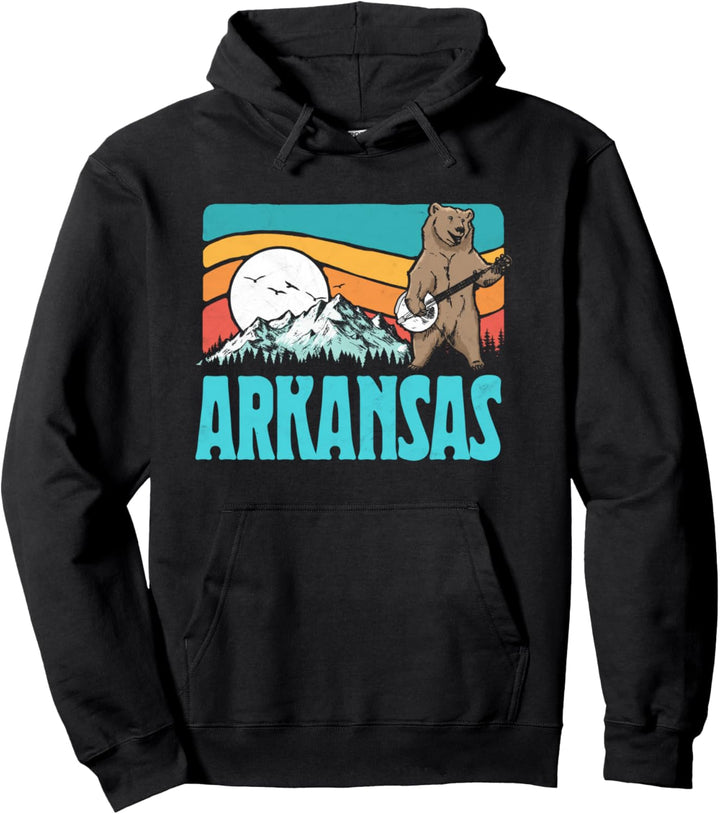 Arkansas Ozark Mountains Bluegrass Banjo Bear Funny Graphic Pullover Hoodie