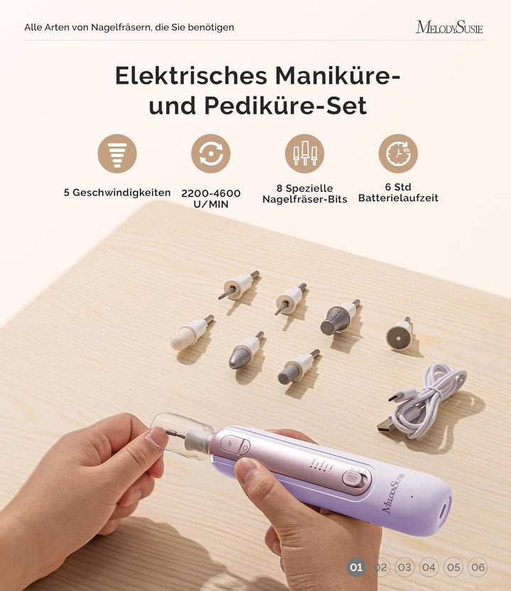 MelodySusie Professionelles Pediküre Set, PC760G 8 in 1 Elektrischer Nagelfräser mit 5 Geschwindigke