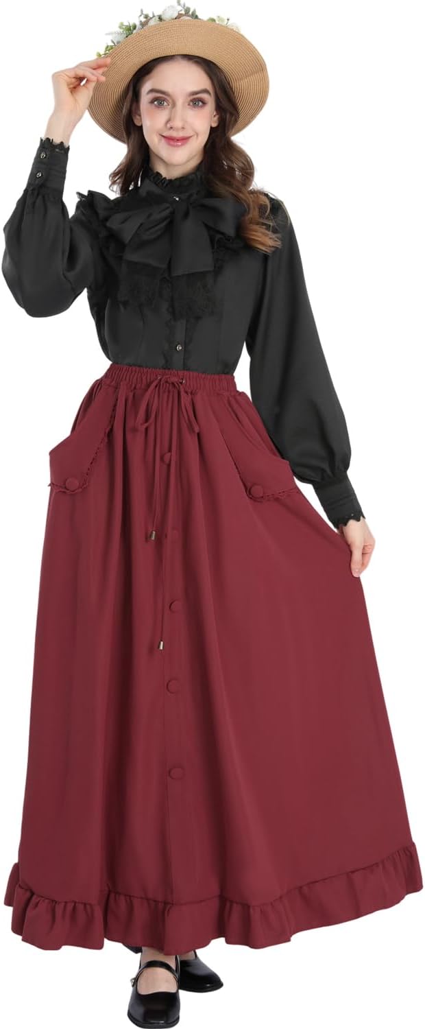 Fiamll Damen Viktorianisch Bluse Vintage Schleifenhemd Stehkragen mit Rüschen Langarmshirt Mittelalt