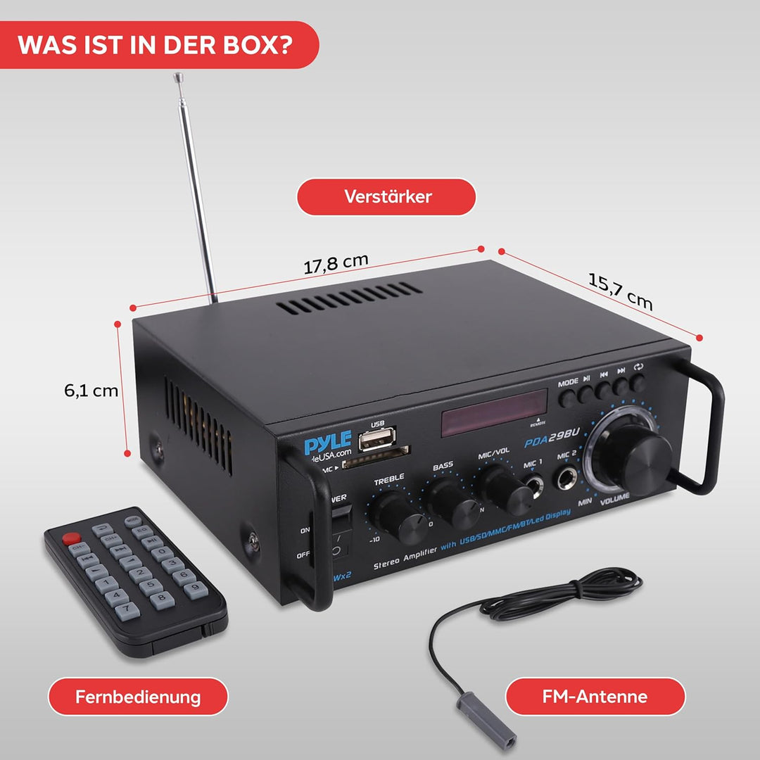 Pyle Bluetooth Verstärker, 200W – 2 Kanal Amplifier mit USB/SD/FM, Mikrofon & RCA, HiFi-Verstärker m