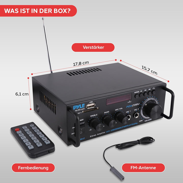 Pyle Bluetooth Verstärker, 200W – 2 Kanal Amplifier mit USB/SD/FM, Mikrofon & RCA, HiFi-Verstärker m