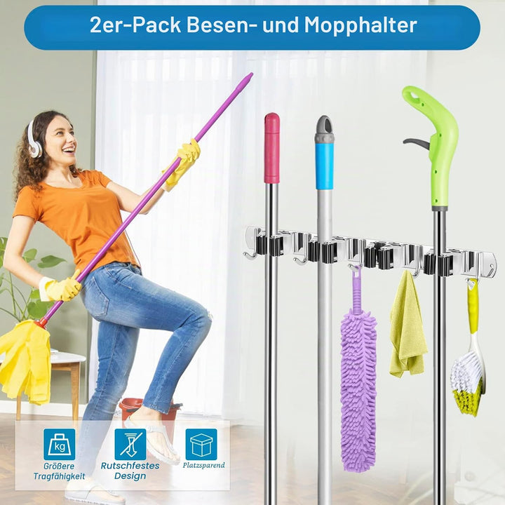 ibell 2 Stück Besenhalterung Wand, Gerätehalter Edelstahl mit 4 Halter und 5 Haken, Gartengerätehalt