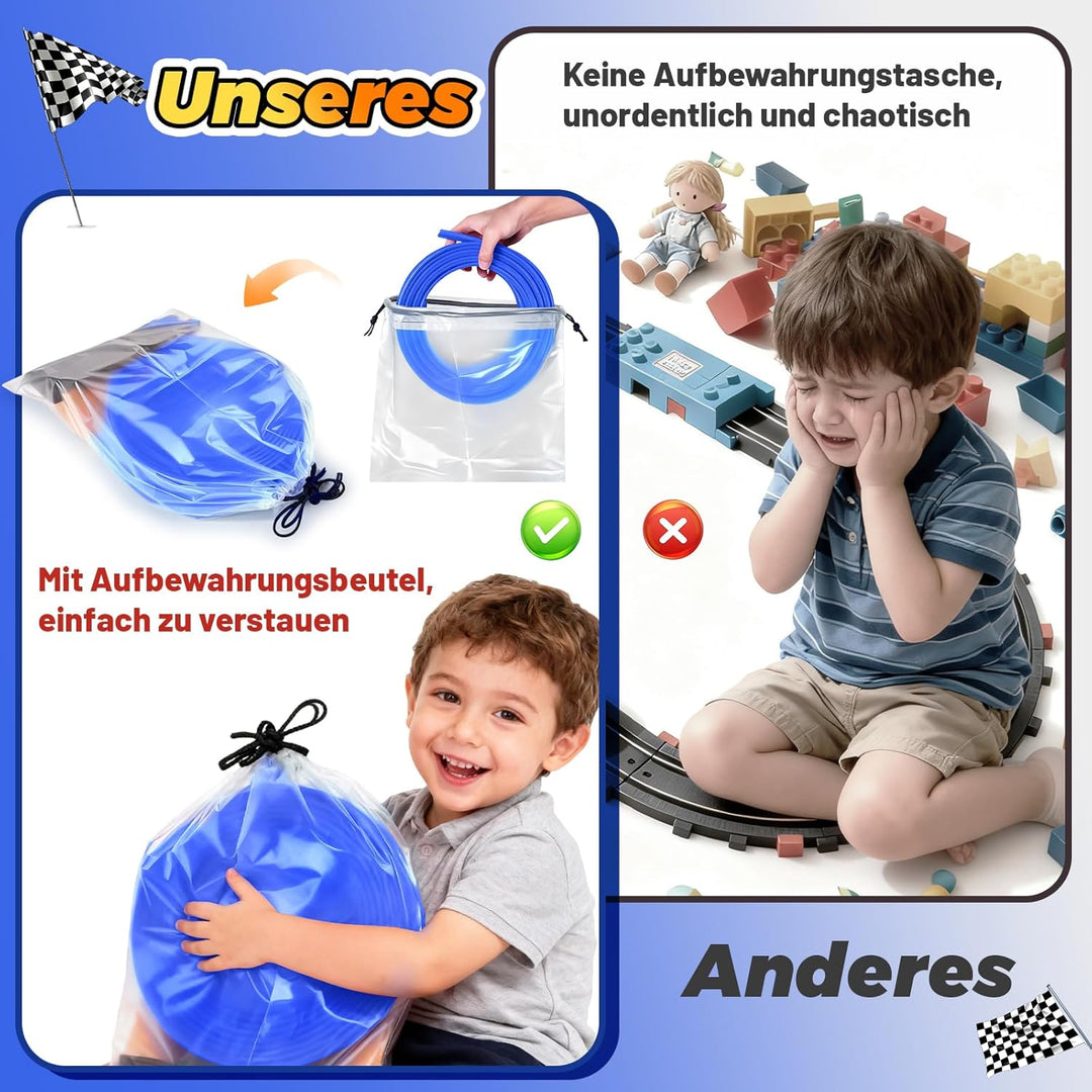 Autorennbahn Kinder, 500CM Rennbahn Rennstrecke Flexible Rennstrecke Kinder mit 6 Kleinwagen Aufbewa