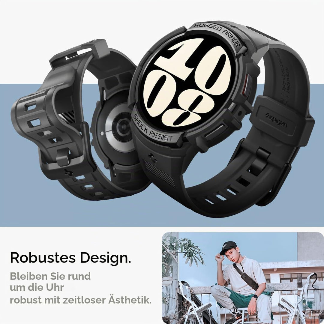 Spigen Rugged Armor Pro Hülle mit Armband Kompatibel mit Samsung Galaxy Watch 6 44mm 2023 - Schwarz