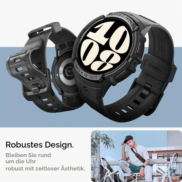 Spigen Rugged Armor Pro Hülle mit Armband Kompatibel mit Samsung Galaxy Watch 6 44mm 2023 - Schwarz