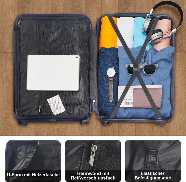 Hartschalen Kofferset 3-teilig aus Polypropylen, 55 cm 66 cm 74 cm (43L 65L 110L), mit TSA Zahlensch