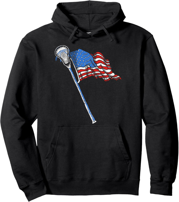 Retro USA American Flag Lacrosse Stick 80's Style Pullover Hoodie