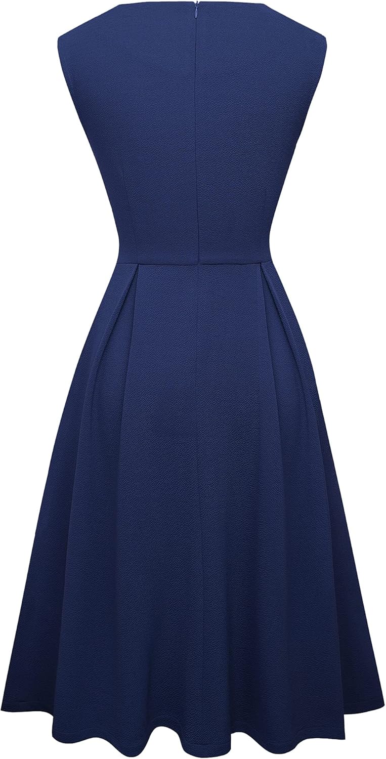 HOMEYEE Damen Vintage 50er Ärmellos Cocktail Retro mit Pocket Flared Kleid A196, XXL Dunkelblau