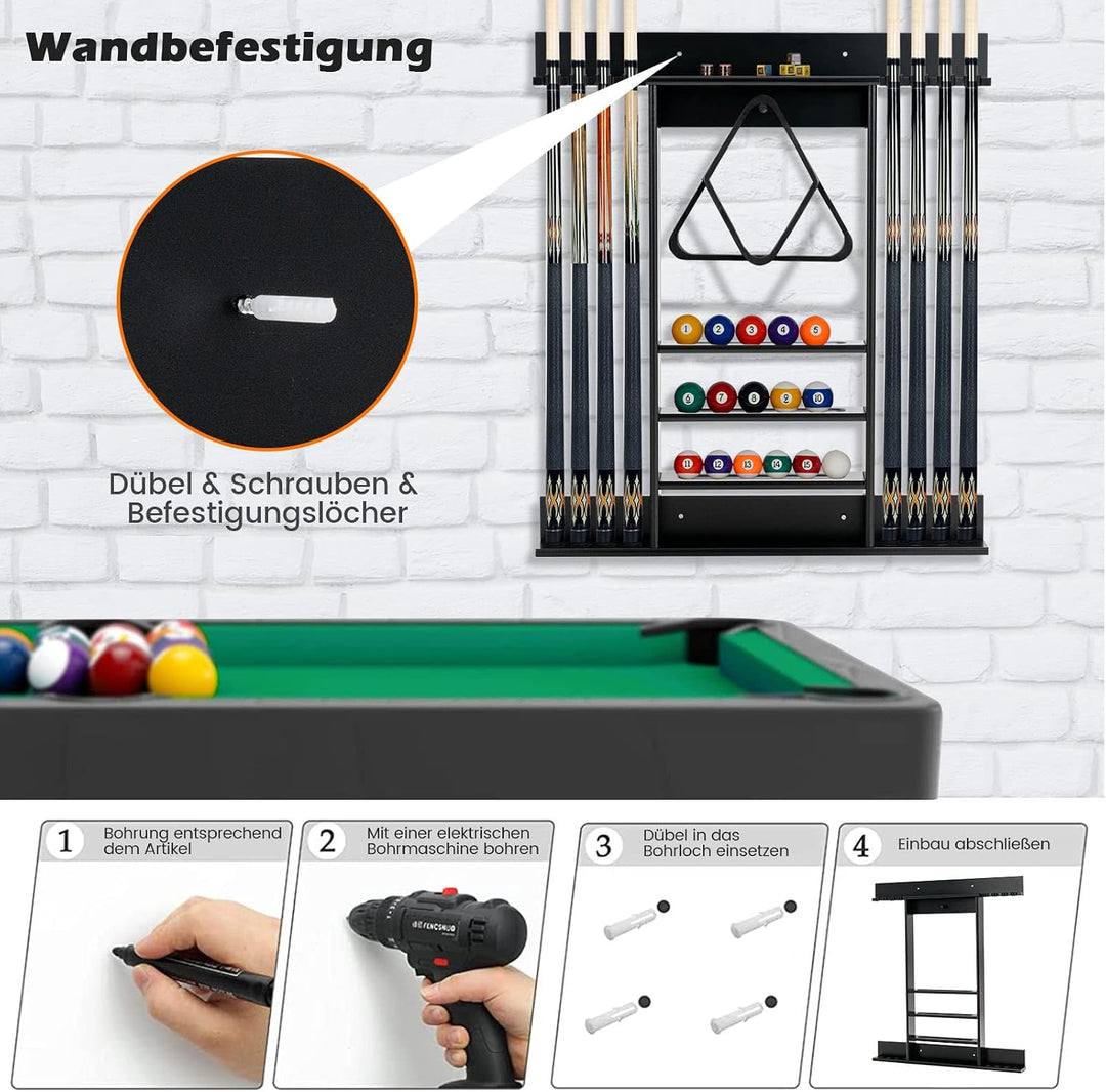 COSTWAY Billard Queue Halter Wandmontage, Wandqueuehalter für 8 Queues, 15 Billardkugeln und 1 Balls