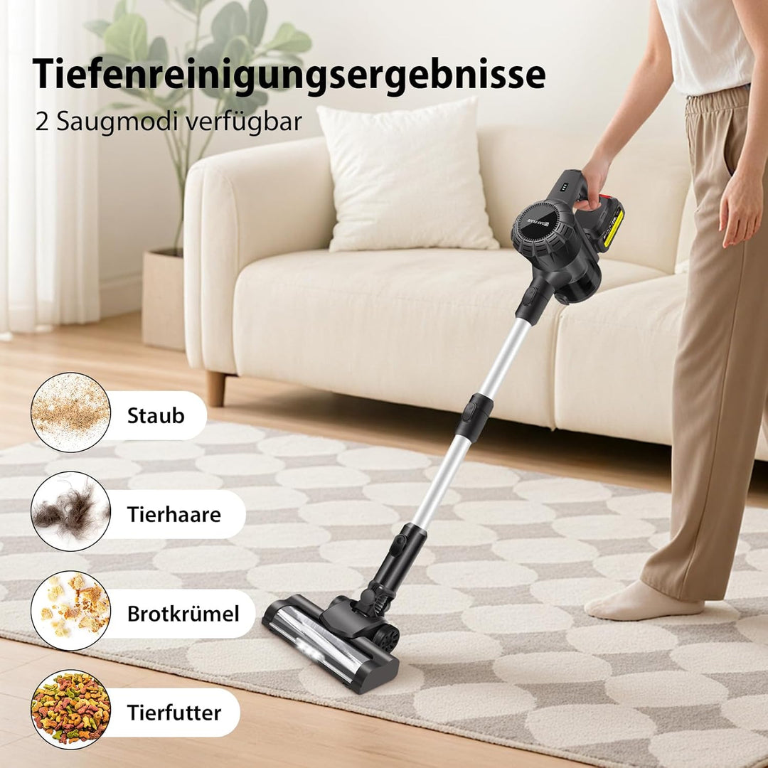 Akku Staubsauger 500W 45000Pa 45Min Akkustaubsauger Kabellos mit Licht, Anti-Tangle-Bürste, Superlei