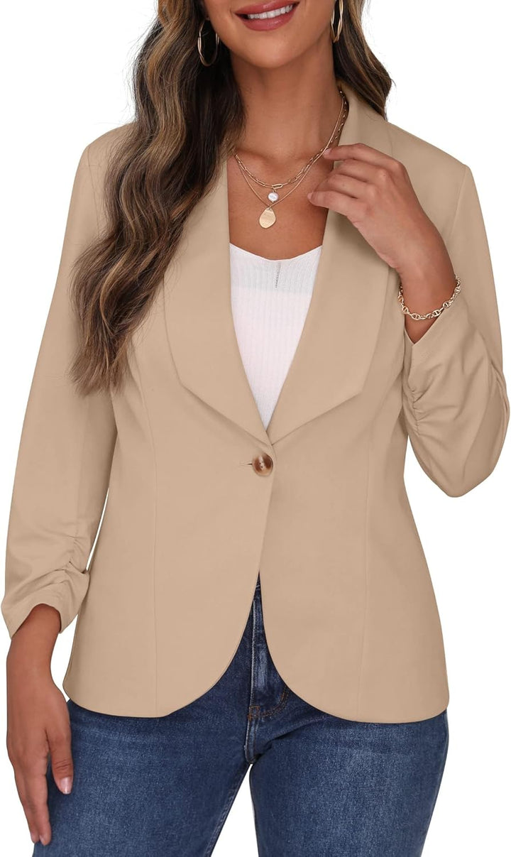 PrinStory Blazer Für Damen 3/4 Geraffte Ärmel Blazer Geschäft Büro Blazer Anzug Sportlich Jack Trenc