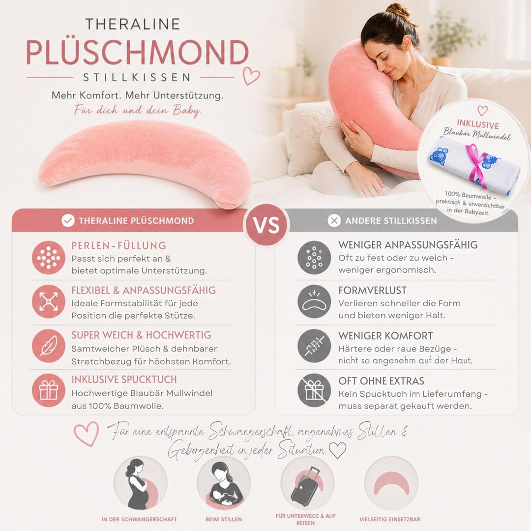 Set Theraline Plüschmond Stillkissen, Bauchstützkissen &amp; Spucktuch Blaubär | Schmusekissen und Lesek