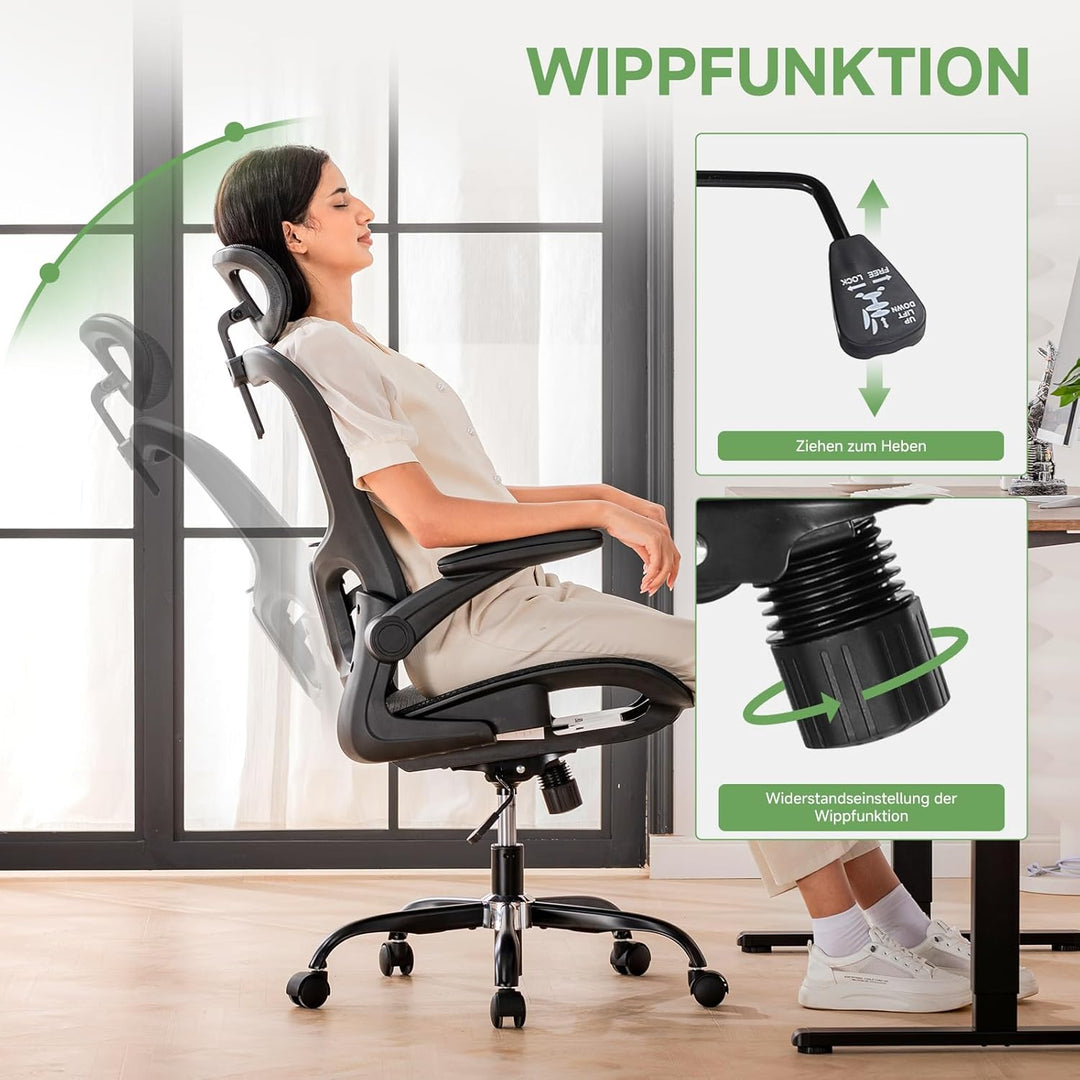 GTPLAYER Bürostuhl Ergonomisch, Schreibtischstuhl mit Verstellbarer Kopfstütze, Armlehnen, Lendenwir
