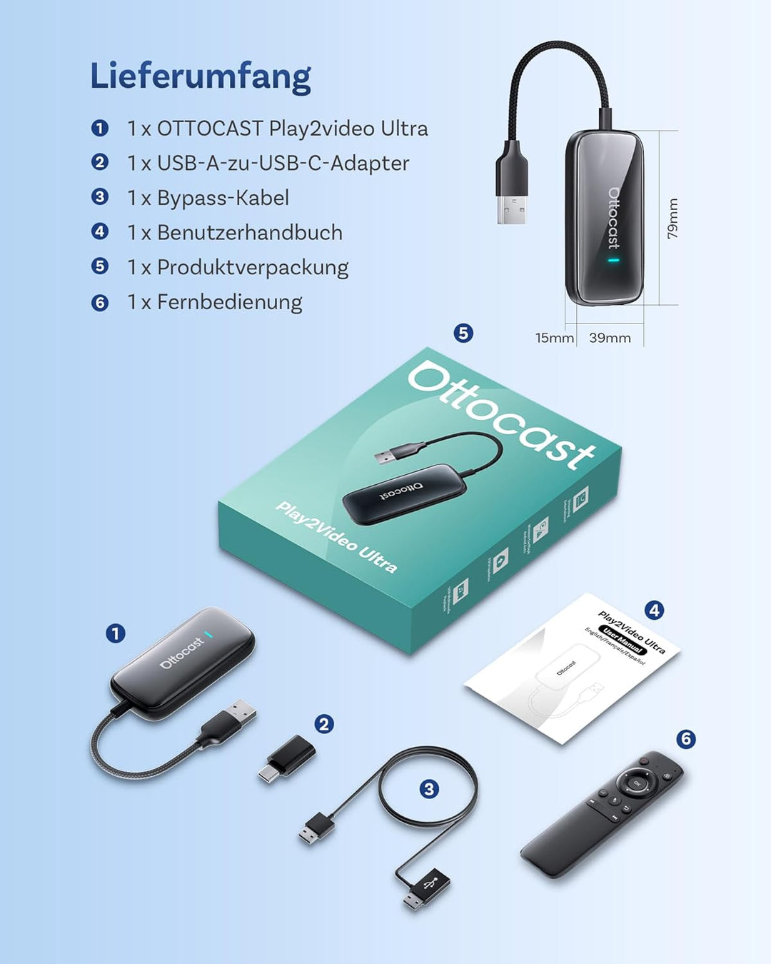OTTOCAST Play2Video Ultra, 3-in-1 Wireless CarPlay Adapter, Android Auto Adapter mit Netflix & YouTu