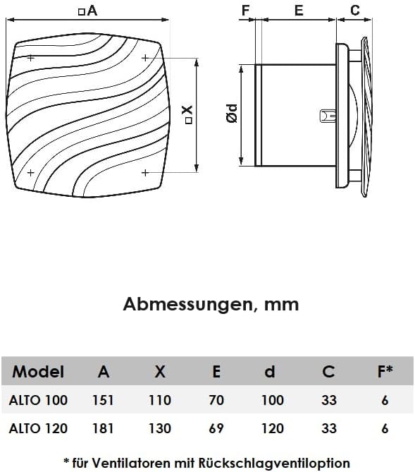 Vlano ALTO 100 Silver Badlüfter, Quick-Fix-Montagesystem, Standard, Rückschlagklappe, 100 mm, kugelg