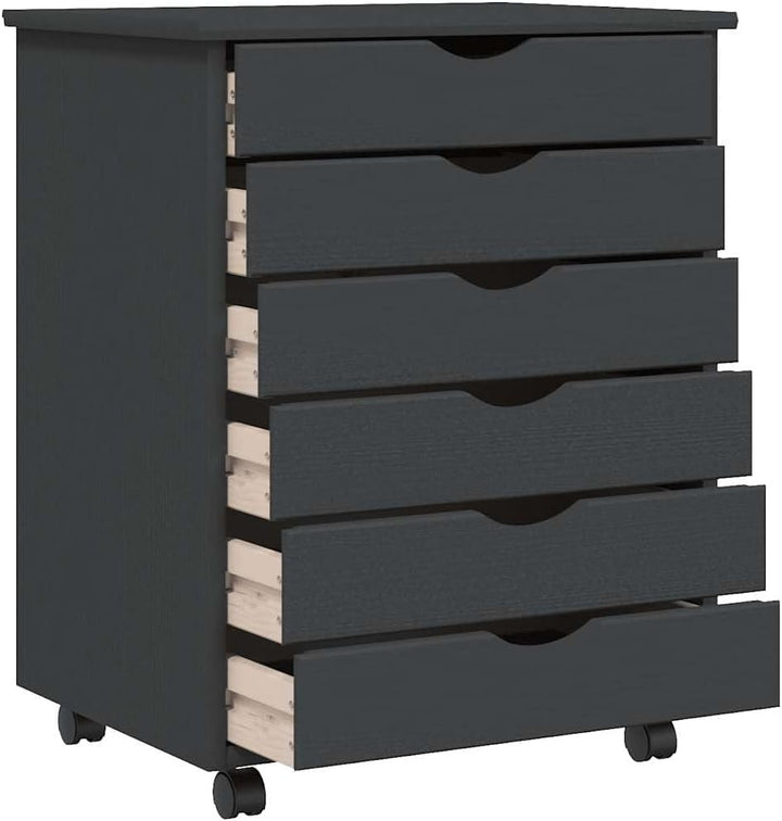 Rollschrank mit Schubladen Moss Grau Massivholz Kiefer Rollcontainer mit 6 Schubladen, Mobiler Akten