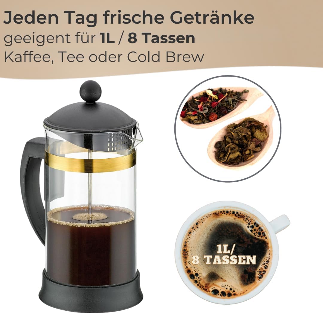 Cilio Kaffeebereiter MARIELLA ORO – 1L, 8 Tassen - Stillvolle Kaffeepresse aus Borosilikatglas/Rand