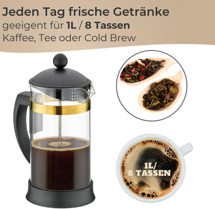 Cilio Kaffeebereiter MARIELLA ORO – 1L, 8 Tassen - Stillvolle Kaffeepresse aus Borosilikatglas/Rand