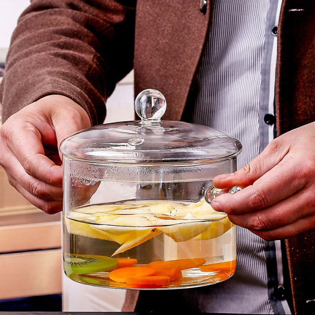 Glastopf mit Ergonomischem Griff 1500ml aus Hitzebeständigem Glas mit Deckel und Langsamer Wärmeable