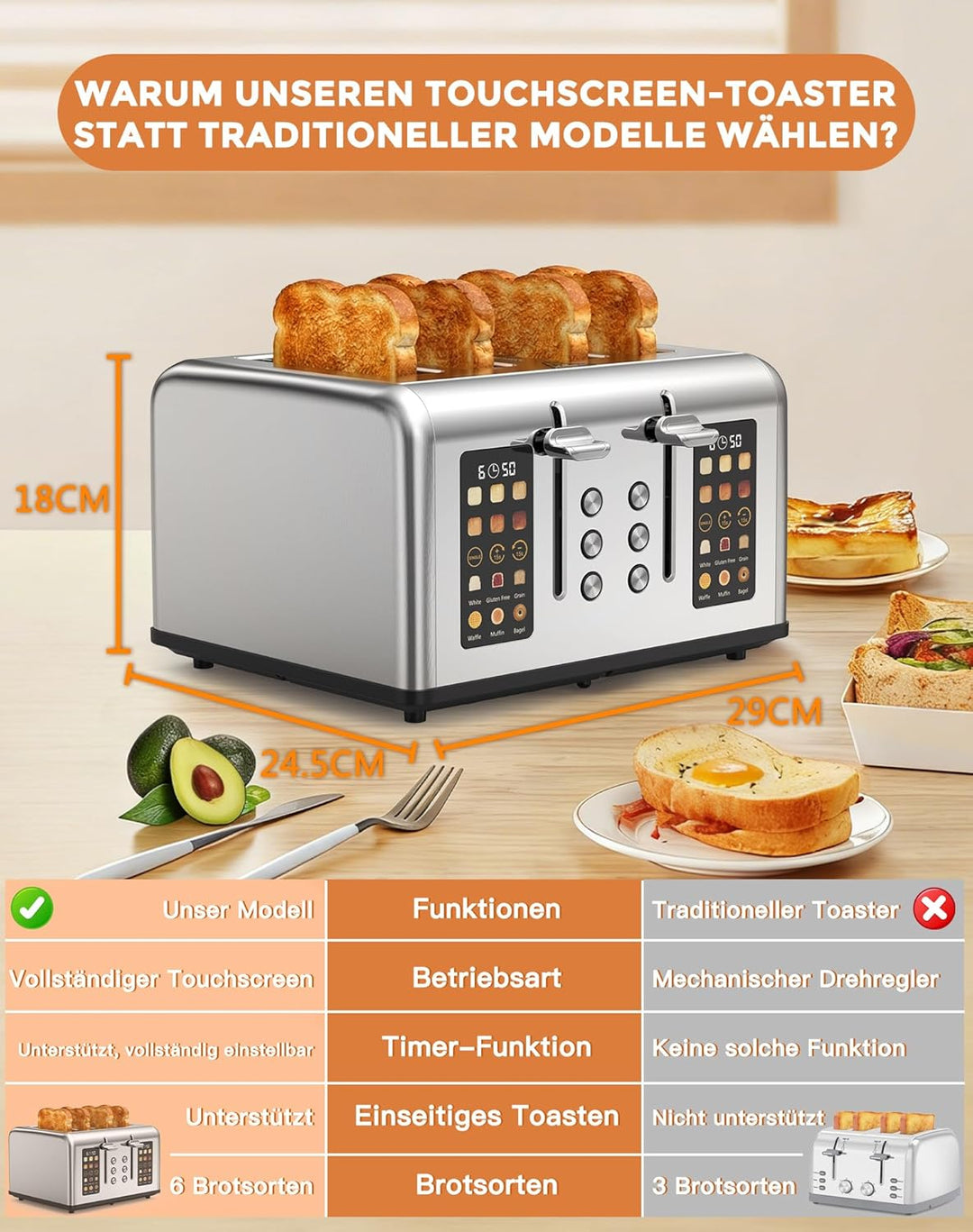 Toaster 4 Scheiben, LED-Touchscreen, Edelstahl Langschlitztoaster, 6 Bräunungsstufen, 6 Brotprogramm