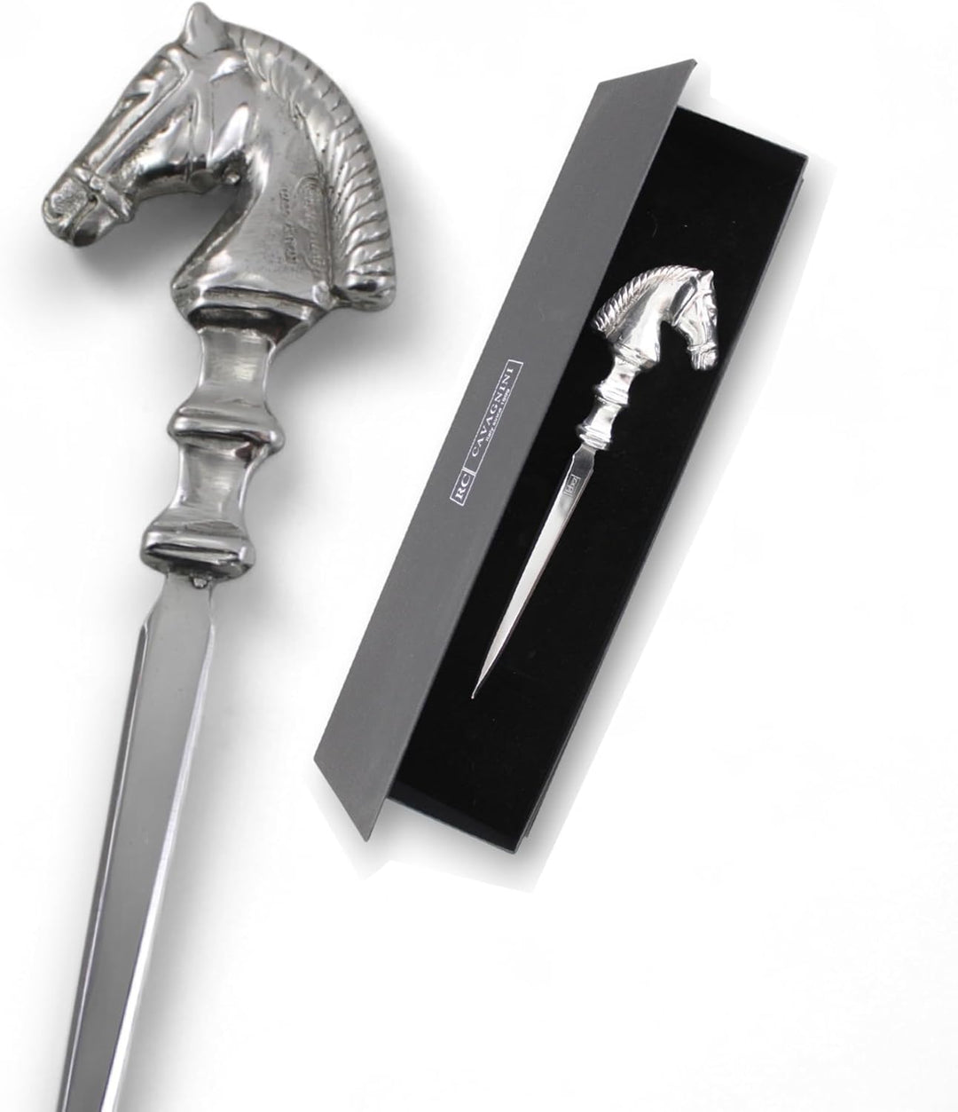Cavagnini, Eleganter Brieföffner aus Edelstahl und Zinn, inklusive Geschenkbox (Pferd) Cavallo, Cava