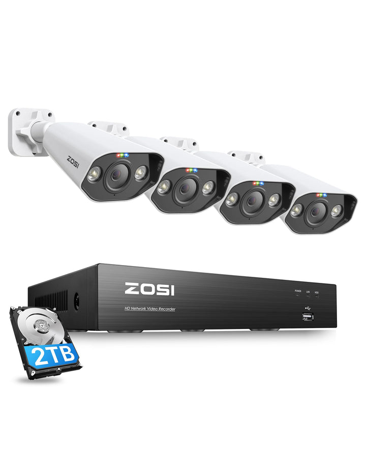 ZOSI 5MP Überwachungskamera Aussen Set, 8CH 4K 2TB HDD NVR und 4X 5MP PoE IP Outdoor Kamera, 2-Wege