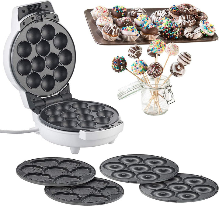 Rosenstein & Söhne Donatmaker: 3in1-Donut-, Cupcake- und Cakepop-Maker, antihaftbeschichtet, 600 Wat