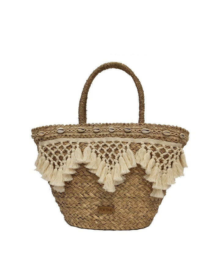 FOR TIME Women's Beach Tote Bag Strandtasche Shopper Damen, Natürlich