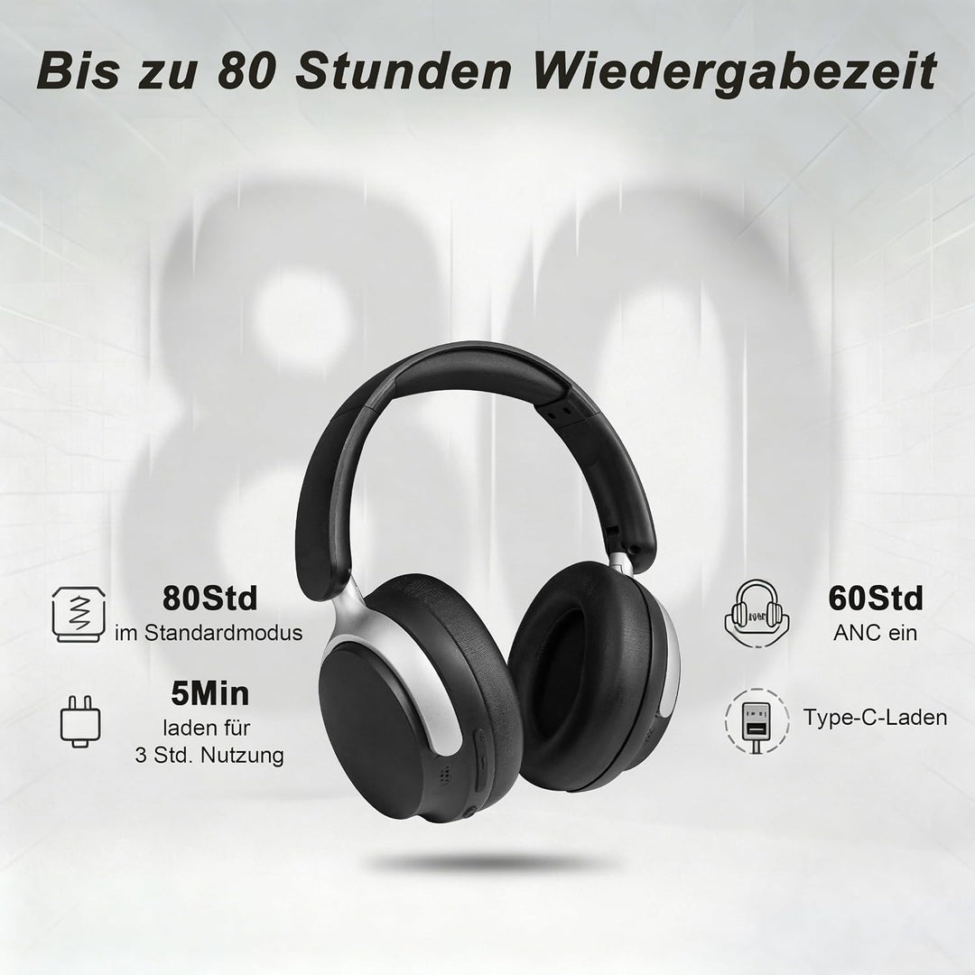 Over Ear Kopfhörer Bluetooth mit Dual-Feed ANC | 80H Akku, faltbar, Memory-Foam, tiefer Bass und hoh
