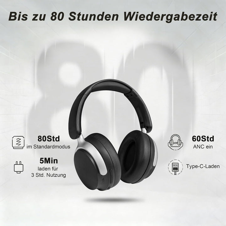 Over Ear Kopfhörer Bluetooth mit Dual-Feed ANC | 80H Akku, faltbar, Memory-Foam, tiefer Bass und hoh