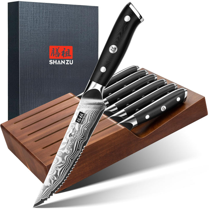 SHAN ZU Steakmesser-Set 7-teilig, 11 cm Damast-Steakmesser mit Block, japanisches Küchenmesser-Set m