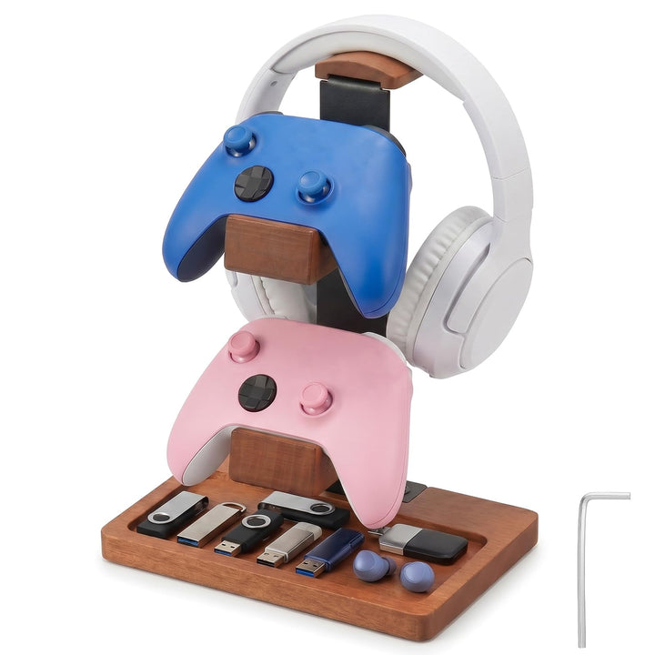Controller Halter und Headset Ständer Holz, 3-Ebenen Gaming Controller Ständer mit Ablageschale, Mas