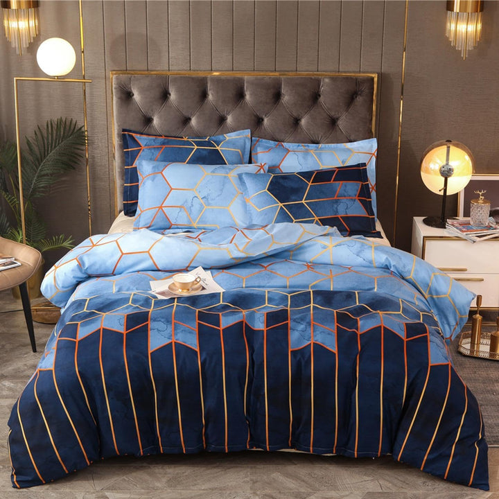 Freyamy Bettwäsche 220x240 cm 3 Teilig Blau Kariert Marmor Wendebettwäsche Geometrische Modern Micro