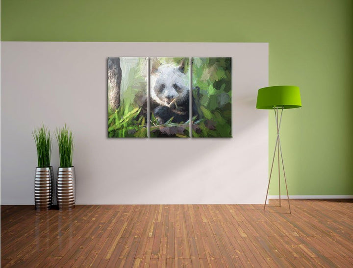 Pixxprint Niedlicher Panda isst Bambus Kunst Pinsel Effekt 3-Teiler Leinwandbild 120x80 Bild auf Lei