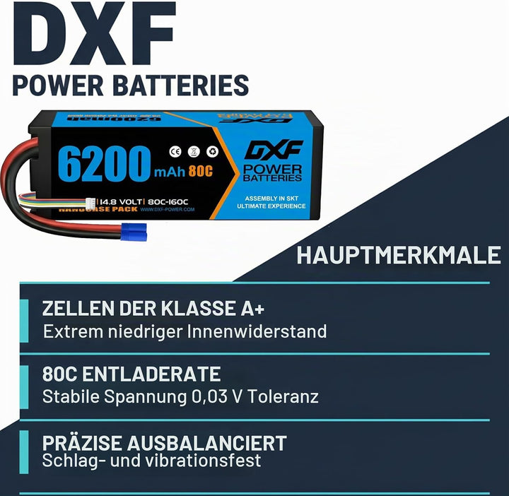 DXF 4S LiPo EC5 Akku 14,8V 80C 6200mAh Hardcase Batterie mit EC5 Steck für RC Auto, RC Flugzeug, RC