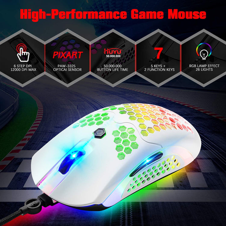 MAMBASNAKE Kabelgebundene leichte Gaming-Maus 65G, 26 RGB-beleuchtete USB-Gaming-Mäuse und 7 program