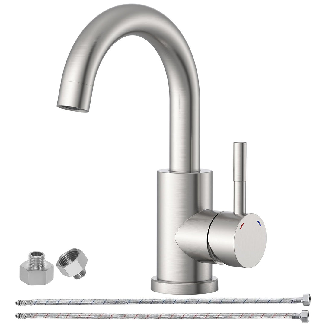 Wasserhahn Bad Gebürstet Nickel, Wasserhahn Küche Edelstahl, 360° Drehbar Waschtischarmatur Hoch, Ei