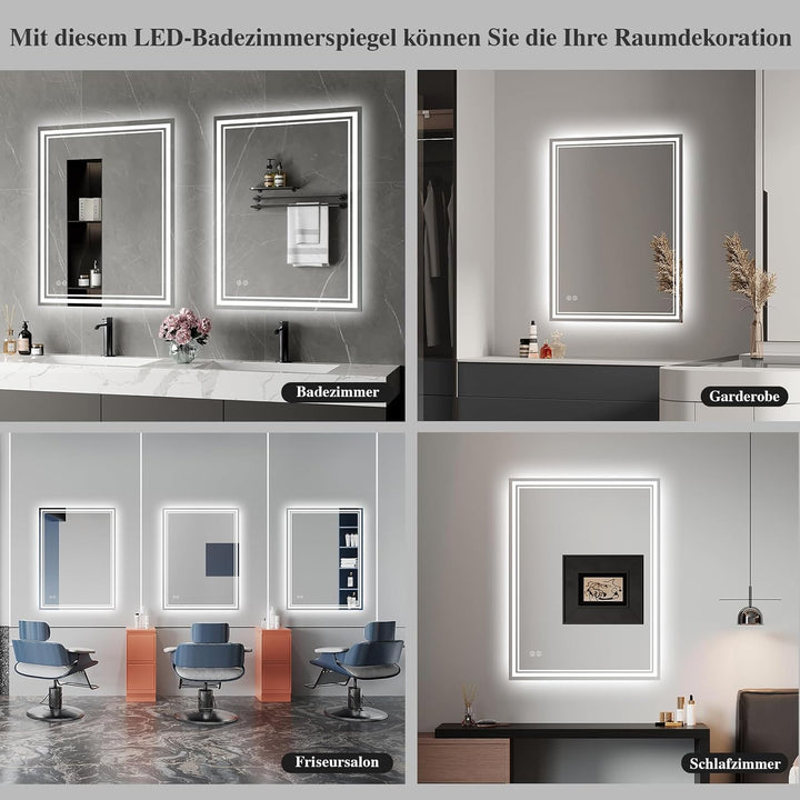 Badspiegel-mit-Beleuchtung 40x60cm LED Badezimmer-Spiegel mit Beschlagfrei, Touch-Schalter, 3 Lichtf