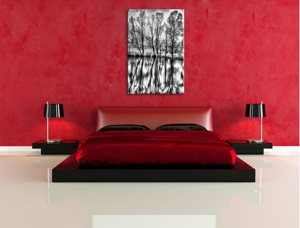Pixxprint Monocrome, Bäume spiegeln Sich im Wasser, Format: 100x70 auf Leinwand, 100x70