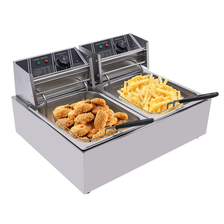 5000W Edelstahl Doppel Fritteuse, 2 * 6L Profi Friteuse Fritteuse mit Korb Dual Tank Elektro-Fritteu