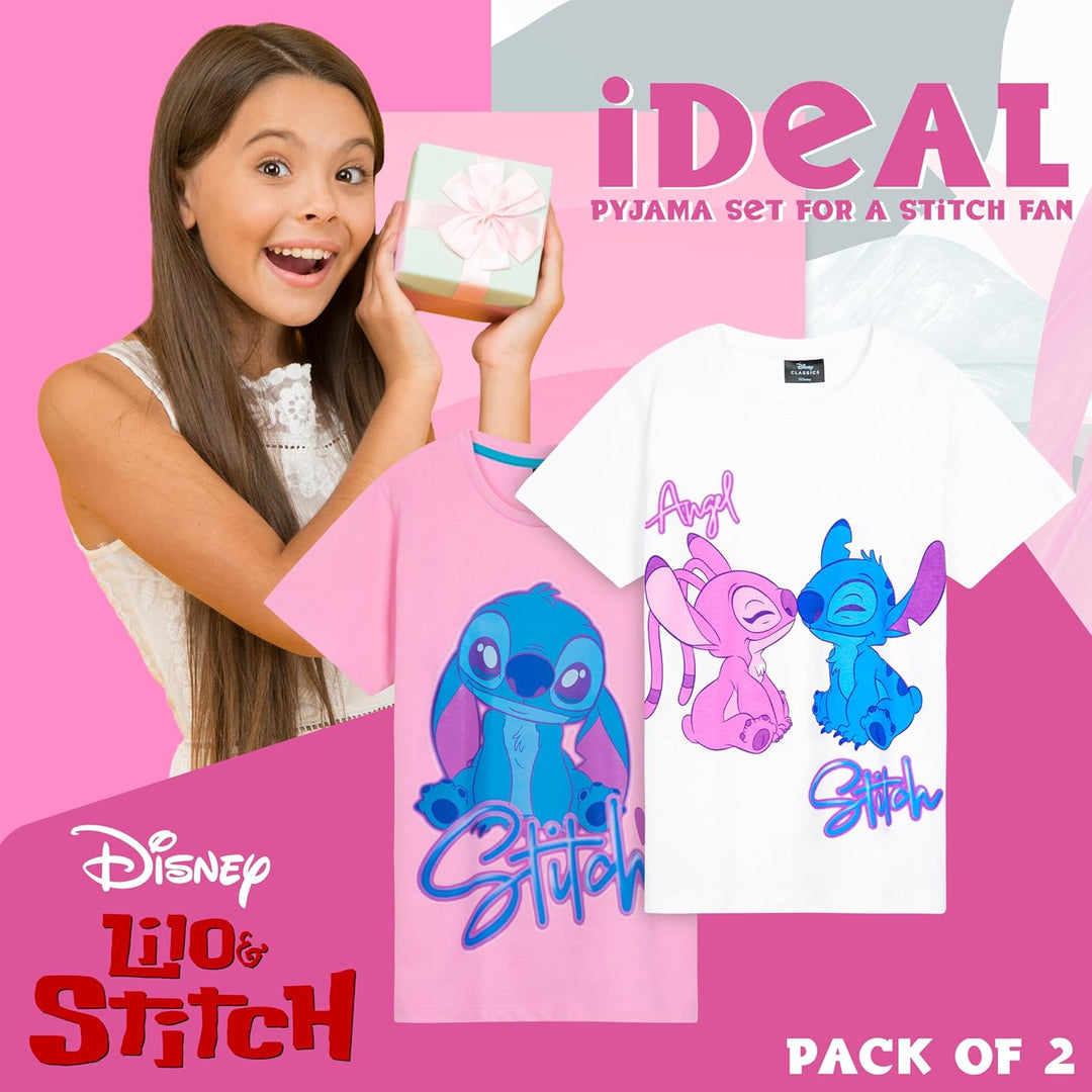 Disney Stitch Schlafanzug Mädchen Kurz, Pyjama T-Shirt & Shorts - Stitch Sachen 7-8 Jahre Rosa/Blau